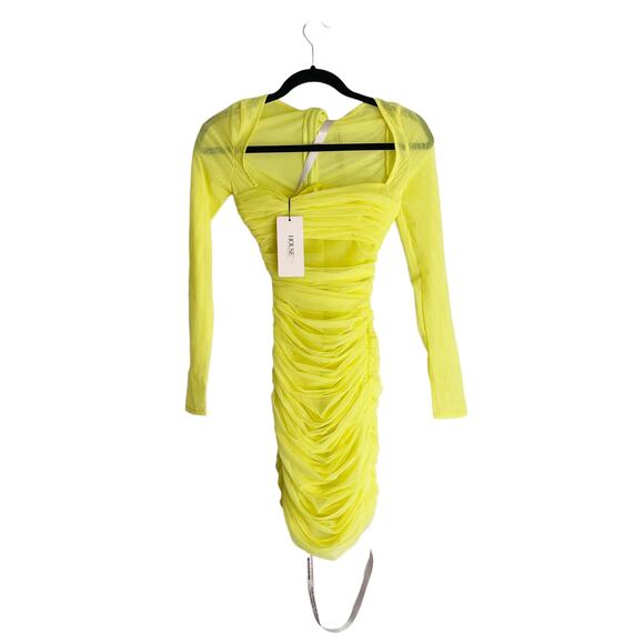 House of CB London Valentina Chartreuse Ruched Mesh Dress Yellow Size XS NWT - Picture 5 of 11